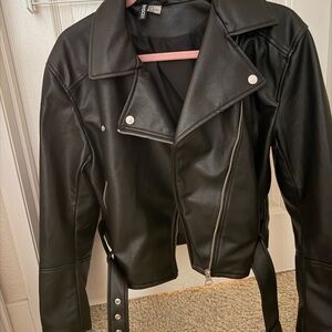 H&M Black Faux Leather Moto Jacket with Silver Hardware